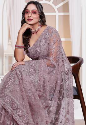 Levender color resham embroidery work zarkhan diamond work net saree with blouse 3