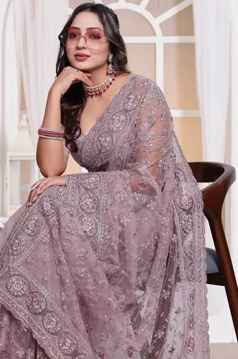 Levender color resham embroidery work zarkhan diamond work net saree with blouse