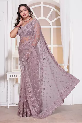 Levender color resham embroidery work zarkhan diamond work net saree with blouse