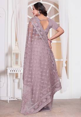 Levender color resham embroidery work zarkhan diamond work net saree with blouse 5