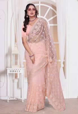 Light peach color resham embroidery work zarkhan diamond work net saree with blouse 1