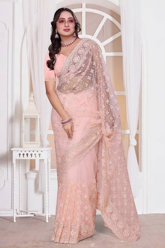 Light peach color resham embroidery work zarkhan diamond work net saree with blouse