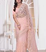 Light peach color resham embroidery work zarkhan diamond work net saree with blouse