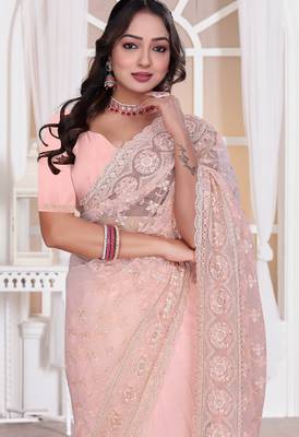 Light peach color resham embroidery work zarkhan diamond work net saree with blouse 2