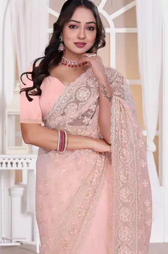Light peach color resham embroidery work zarkhan diamond work net saree with blouse