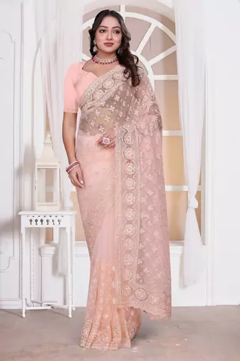 Light peach color resham embroidery work zarkhan diamond work net saree with blouse