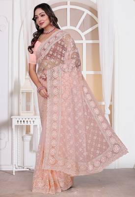 Light peach color resham embroidery work zarkhan diamond work net saree with blouse 4