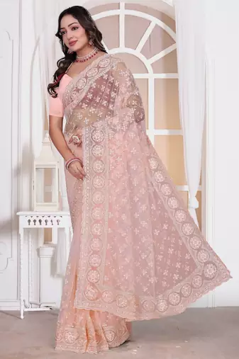 Light peach color resham embroidery work zarkhan diamond work net saree with blouse