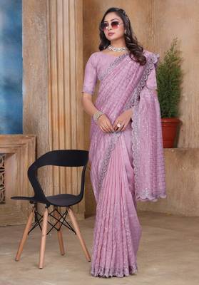 Pink resham sequence embroidery work zarkhan work gold crush saree with blouse 1
