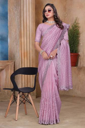 Pink color resham sequence embroidery work zarkhan work gold crush saree with blouse
