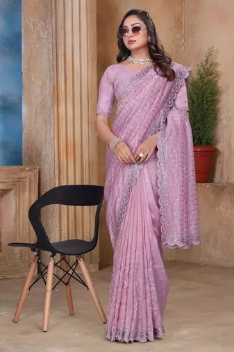 Pink color resham sequence embroidery work zarkhan work gold crush saree with blouse