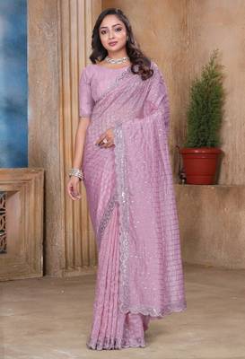 Pink resham sequence embroidery work zarkhan work gold crush saree with blouse 3