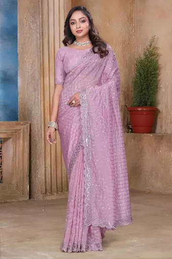 Pink color resham sequence embroidery work zarkhan work gold crush saree with blouse