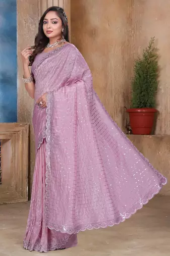 Pink color resham sequence embroidery work zarkhan work gold crush saree with blouse