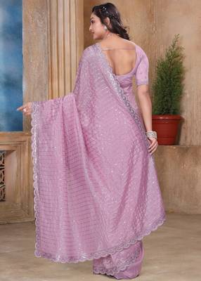 Pink resham sequence embroidery work zarkhan work gold crush saree with blouse 5