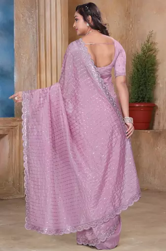 Pink color resham sequence embroidery work zarkhan work gold crush saree with blouse