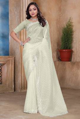 Cream color resham sequence embroidery work zarkhan work gold crush saree with blouse 1