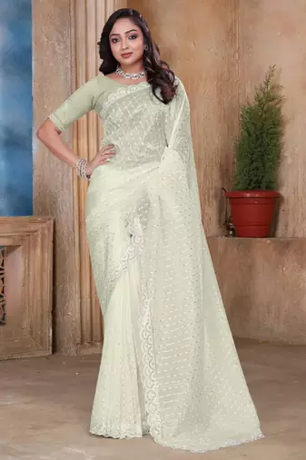 Cream color resham sequence embroidery work zarkhan work gold crush saree with blouse
