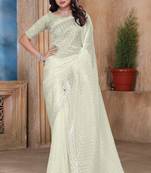 Cream color resham sequence embroidery work zarkhan work gold crush saree with blouse