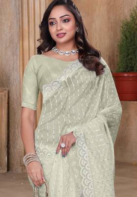 Cream color resham sequence embroidery work zarkhan work gold crush saree with blouse 2