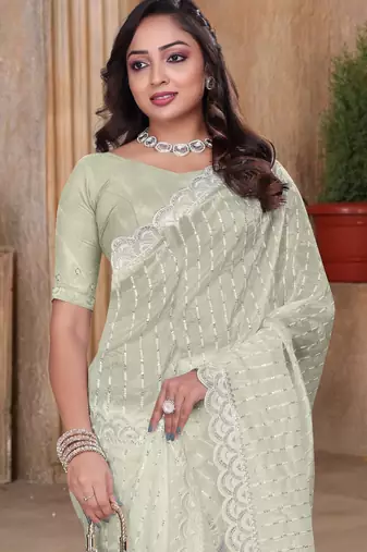 Cream color resham sequence embroidery work zarkhan work gold crush saree with blouse