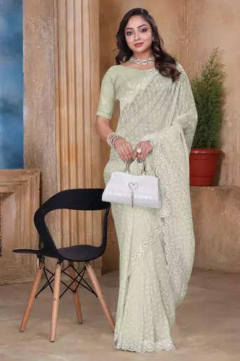 Cream color resham sequence embroidery work zarkhan work gold crush saree with blouse