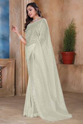 Cream color resham sequence embroidery work zarkhan work gold crush saree with blouse 4