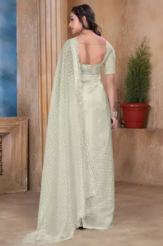 Cream color resham sequence embroidery work zarkhan work gold crush saree with blouse