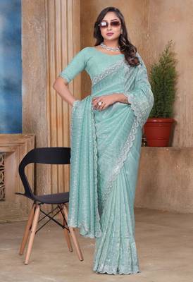Sky blue color resham sequence embroidery work zarkhan work gold crush saree with blouse 1