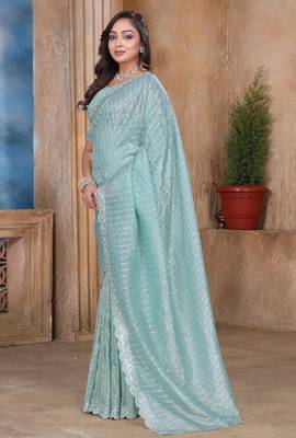Sky blue color resham sequence embroidery work zarkhan work gold crush saree with blouse 4