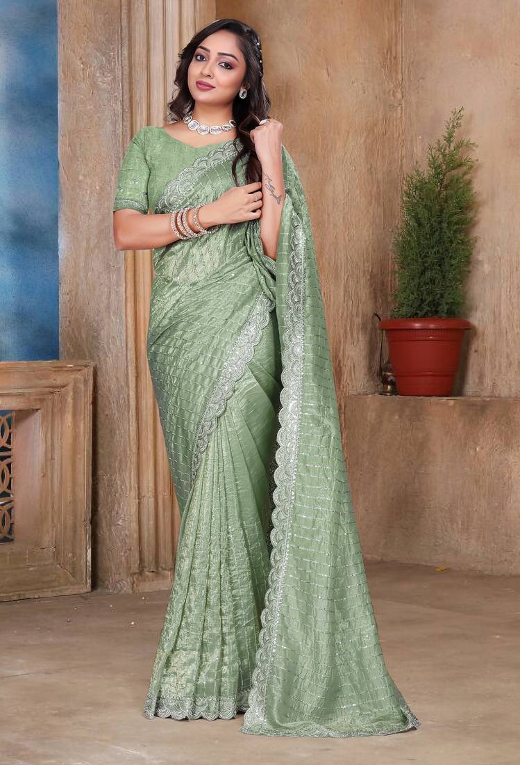 Pista color resham sequence embroidery work zarkhan work gold crush saree with blouse