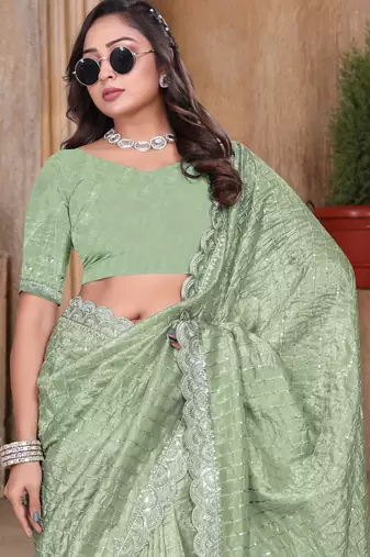 Pista color resham sequence embroidery work zarkhan work gold crush saree with blouse