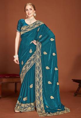 Blue zari embroidery work zarkhan work fendy silk blend saree with blouse 1