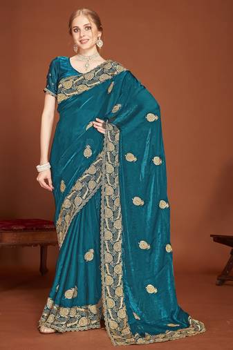 Blue color zari embroidery work zarkhan work fendy silk saree with blouse