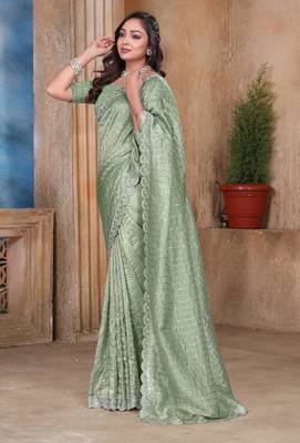 Pista color resham sequence embroidery work zarkhan work gold crush saree with blouse 4