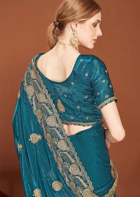 Blue zari embroidery work zarkhan work fendy silk blend saree with blouse 2