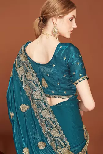 Blue color zari embroidery work zarkhan work fendy silk blend saree with blouse
