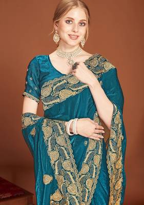 Blue zari embroidery work zarkhan work fendy silk blend saree with blouse 3