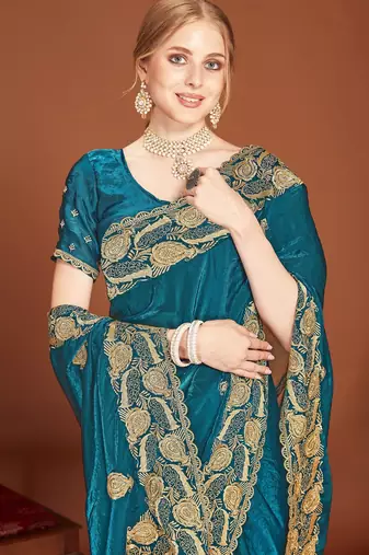 Blue color zari embroidery work zarkhan work fendy silk blend saree with blouse