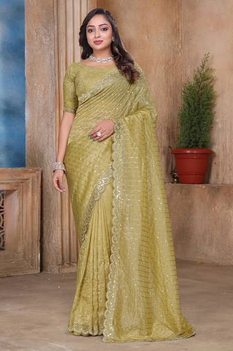 Green color resham sequence embroidery work zarkhan work gold crush saree with blouse
