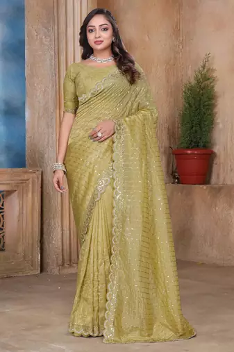 Green color resham sequence embroidery work zarkhan work gold crush saree with blouse