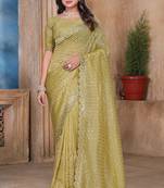 Green color resham sequence embroidery work zarkhan work gold crush saree with blouse