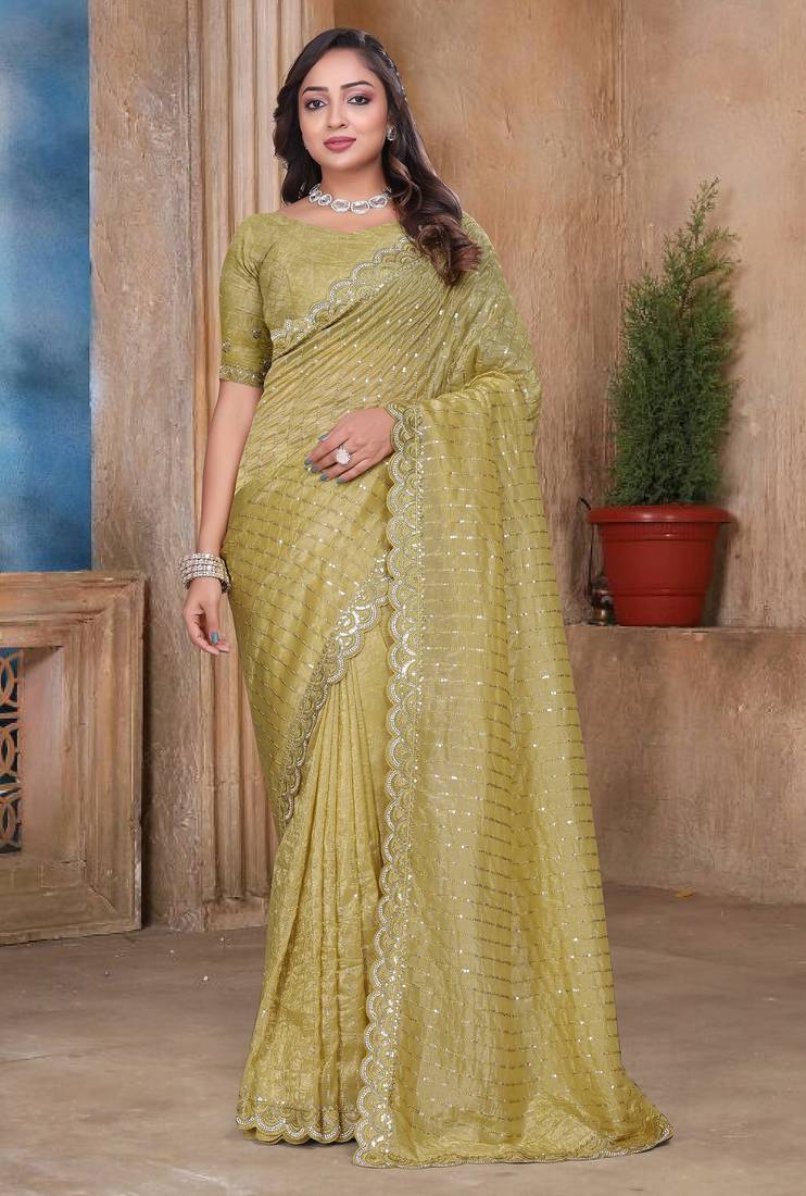 Green color resham sequence embroidery work zarkhan work gold crush saree with blouse