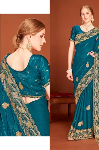 Blue color zari embroidery work zarkhan work fendy silk blend saree with blouse