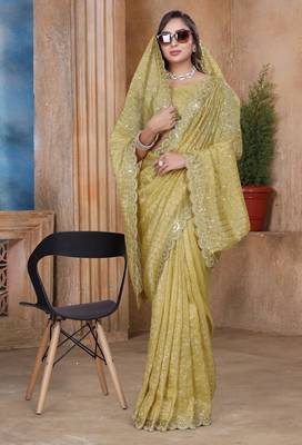 Green color resham sequence embroidery work zarkhan work gold crush saree with blouse 2
