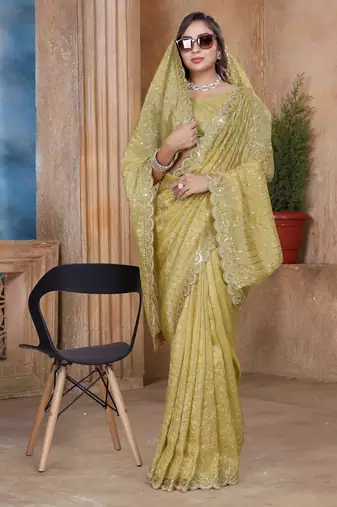 Green color resham sequence embroidery work zarkhan work gold crush saree with blouse