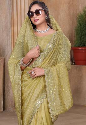 Green color resham sequence embroidery work zarkhan work gold crush saree with blouse 3