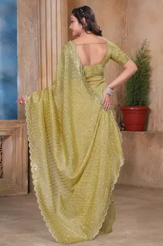Green color resham sequence embroidery work zarkhan work gold crush saree with blouse