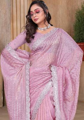 Pink color resham sequence embroidery work zarkhan work gold crush saree with blouse 2