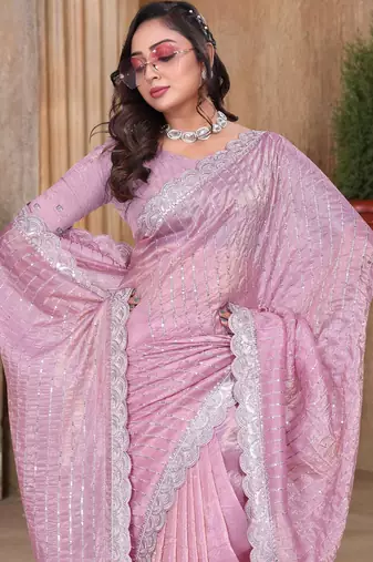 Pink color resham sequence embroidery work zarkhan work gold crush saree with blouse